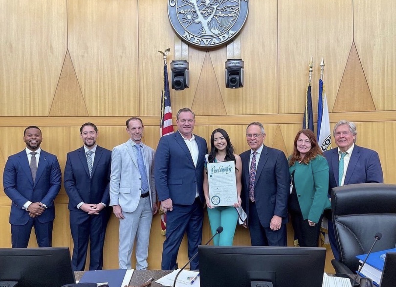 Aiyana Castro with Clark County leaders during the Be BRAVE Day proclamation presentation