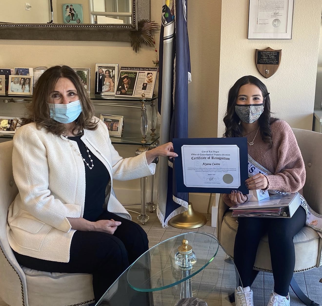 Aiyana Castro receiving a City of Las Vegas certificate from Councilwoman Victoria Seaman