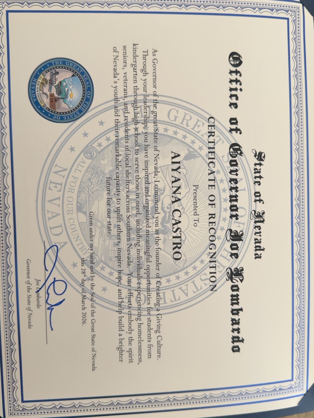 Certificate of Recognition presented to Aiyana Castro by Governor Joe Lombardo