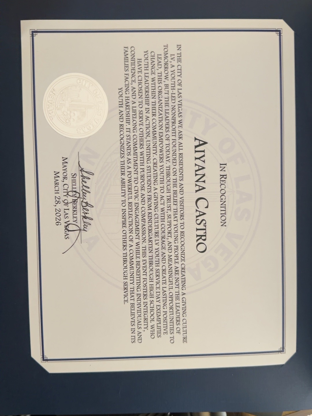 City of Las Vegas recognition presented to Aiyana Castro and signed by Mayor Shelley Berkley