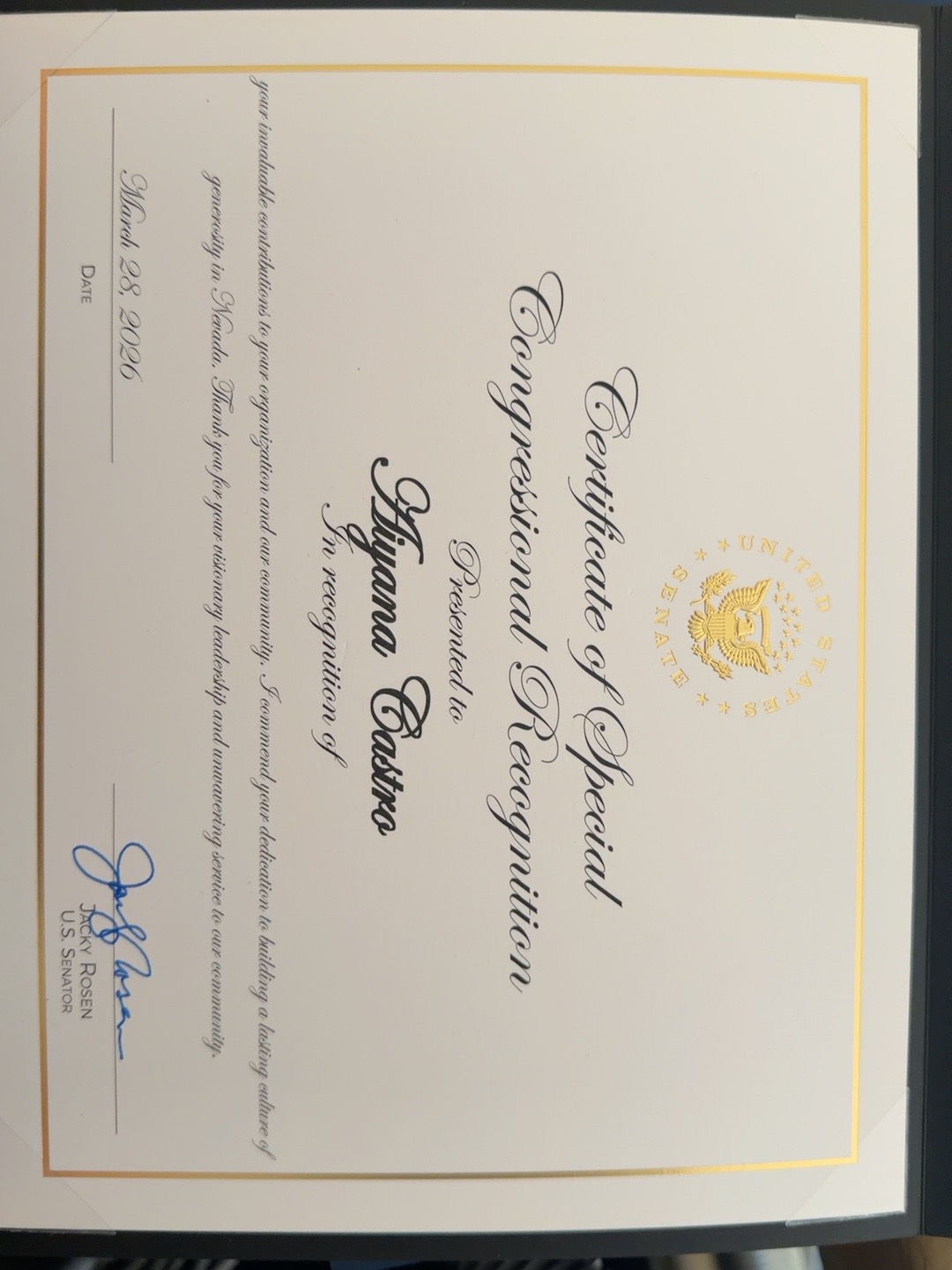 Certificate of Special Congressional Recognition presented to Aiyana Castro by Senator Jacky Rosen