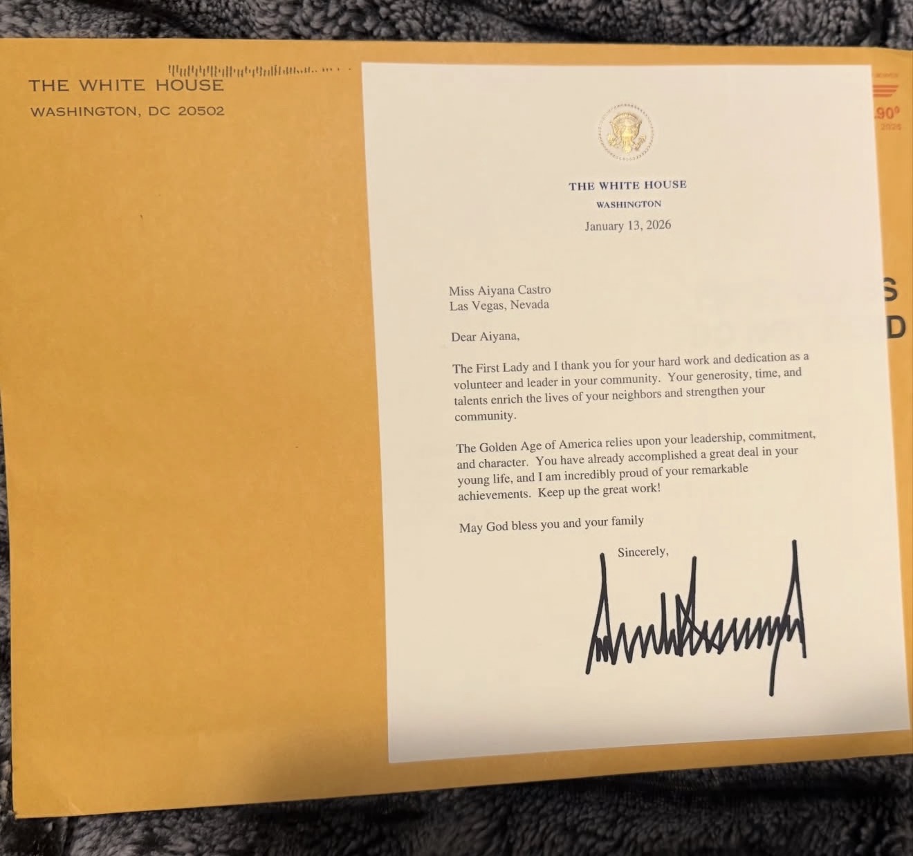 White House letter to Aiyana Castro dated January 13 2026